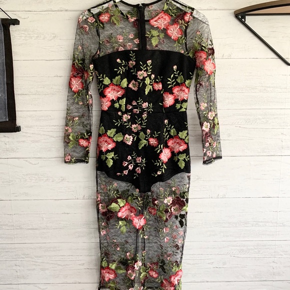 ASOS Black Mesh Floral Overlay Bodysuit Dress - Picture 2 of 16